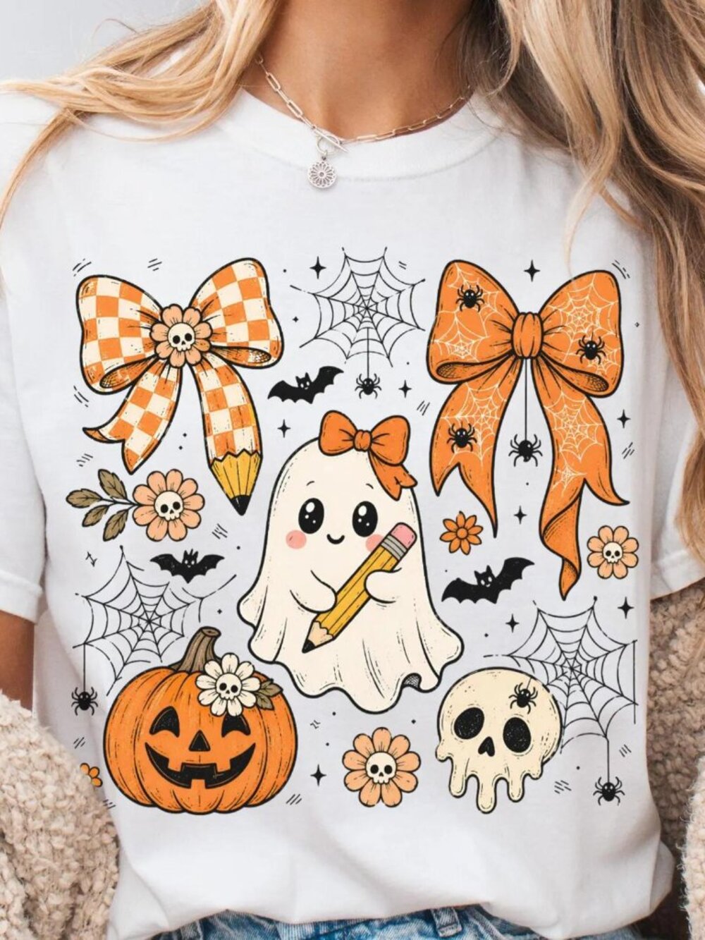 Cute Ghost Teacher Halloween T-Shirt, Pencil Pumpkin Skull And Bows